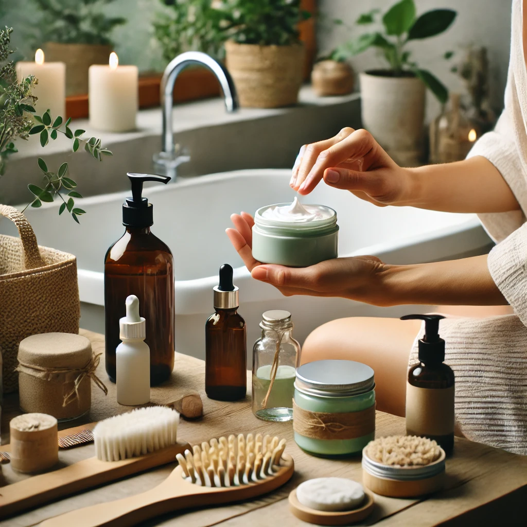 A serene bathroom with a natural, clean feel, featuring a basin in the foreground. A woman's hand is seen reaching for a cream among an array of eco-friendly beauty and personal care products, surrounded by lush plants."