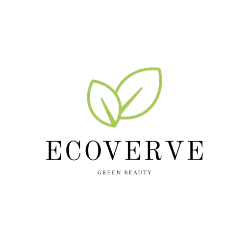 A logo of the brand EcoVerve with a slogan "Green Beauty" under the brand name and above there is a pair of green leaves.